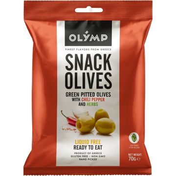 OLYMP CHILI-YRTTIMARINOITU VIHREÄ OLIIVI SNACK KIVETÖN 70 G