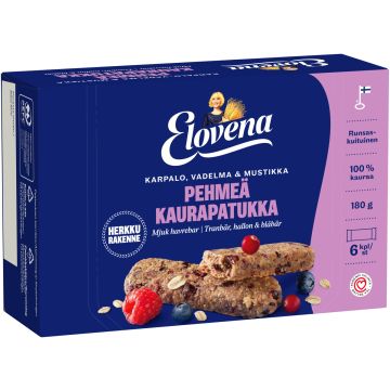 ELOVENA KARPALO-VADELMA-MUSTIKKA PEHMEÄ KAURAPATUKKA 6X30G 180 G