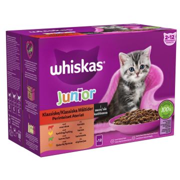 WHISKAS JUNIOR PERINTEISET ATERIAT KASTIKKEESSA 12*85G 1,02 KG
